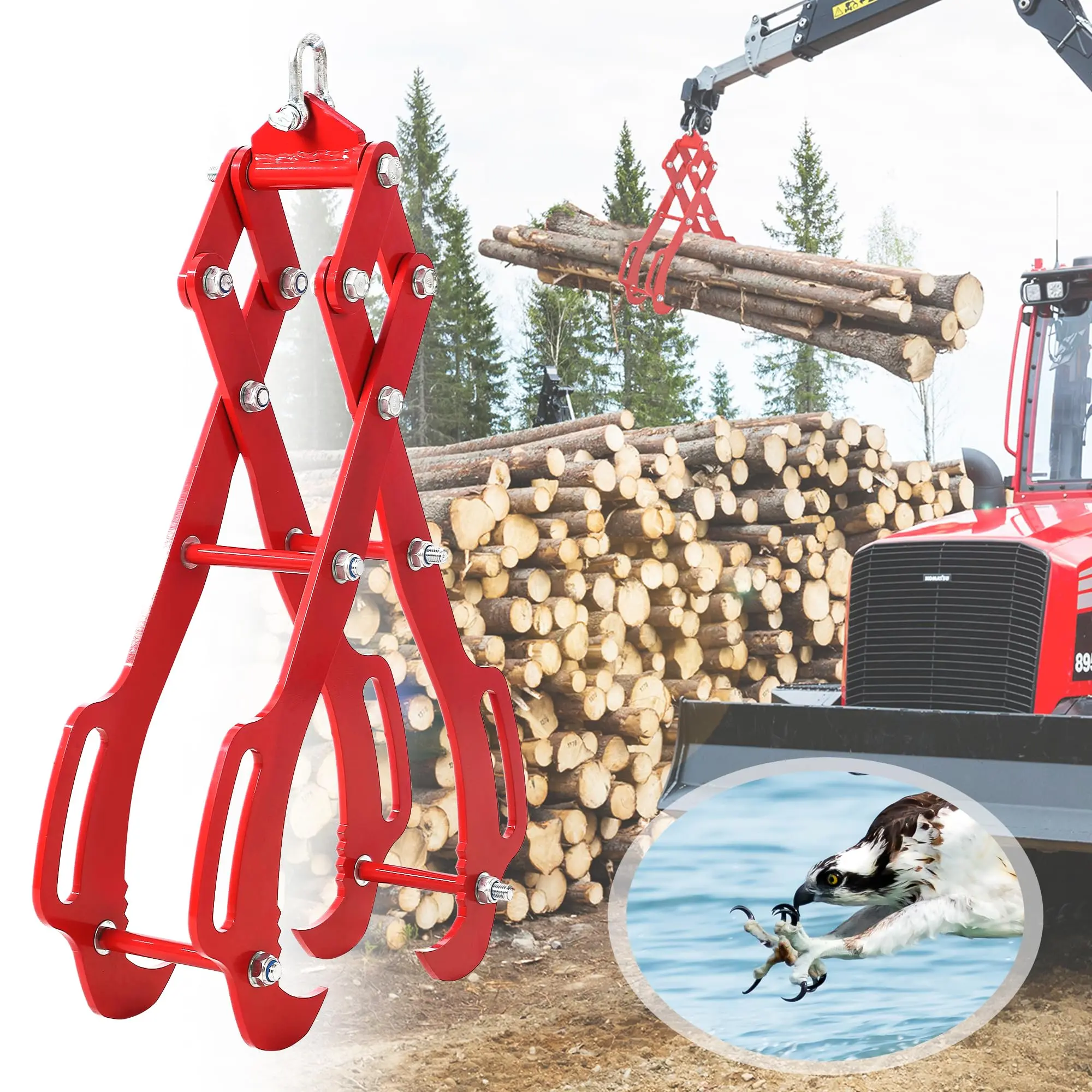 36-In 4-Claw Log Tongs, Heavy-Duty Forestry Hand Tool with 3-32 Inch Adjustable Opening, Anti-Slippage Wooden-Steel Enhanced Material for Safe 3,000-Lb Capacity Lifting, Tractor-Skidder Compatible for Firewood Stacking