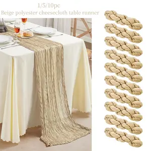 1/5/10-piece beige cheesecloth table runner set. The pleated gauze table runners are suitable for wedding parties, baby showers, bridal parties, and bohemian vintage-style events. Soft and elegant, they are perfect for tabletops, banquet tables, reception