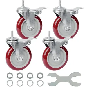Swivel Caster Wheels 5 Inch Threaded Stem Casters Set of 4 3/8"-16 x 1 with Brake Polyurethane Industrial Locking Castors Wheels for Cart/Furniture 2200 Lbs Casters, Red