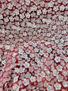3D White Sequin Flowers on Red Mesh
