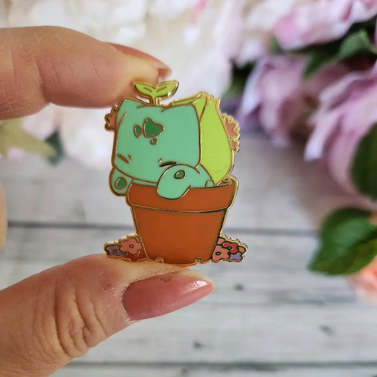 Sleepy Bulbasaur Succulent Enamel Pin, Kawaii Cute Anime Pin