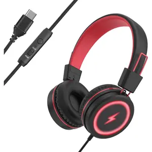 Headphones with LED Lights for School, Upgrade USB Type C  Headphone with Microphone, Volume Limiter 85/94dB, Wired  Ear Headphones for Boys/Girls/Tablet/Travel -Black
