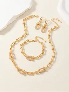 Elegant U-Shaped Stainless Steel Matching Vintage Jewelry Set, Sparkling Diamond Luxury Design, Includes Necklace Bracelet Earrings, Perfect Gift Idea