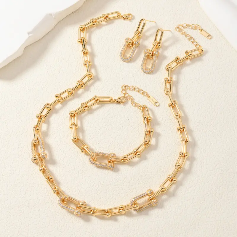 Elegant U-Shaped Stainless Steel Matching Vintage Jewelry Set, Jewellery, Necklaces Earrings Set, Sparkling Diamond Luxury Design, Includes Necklace Bracelet Earrings, Perfect Gift Idea