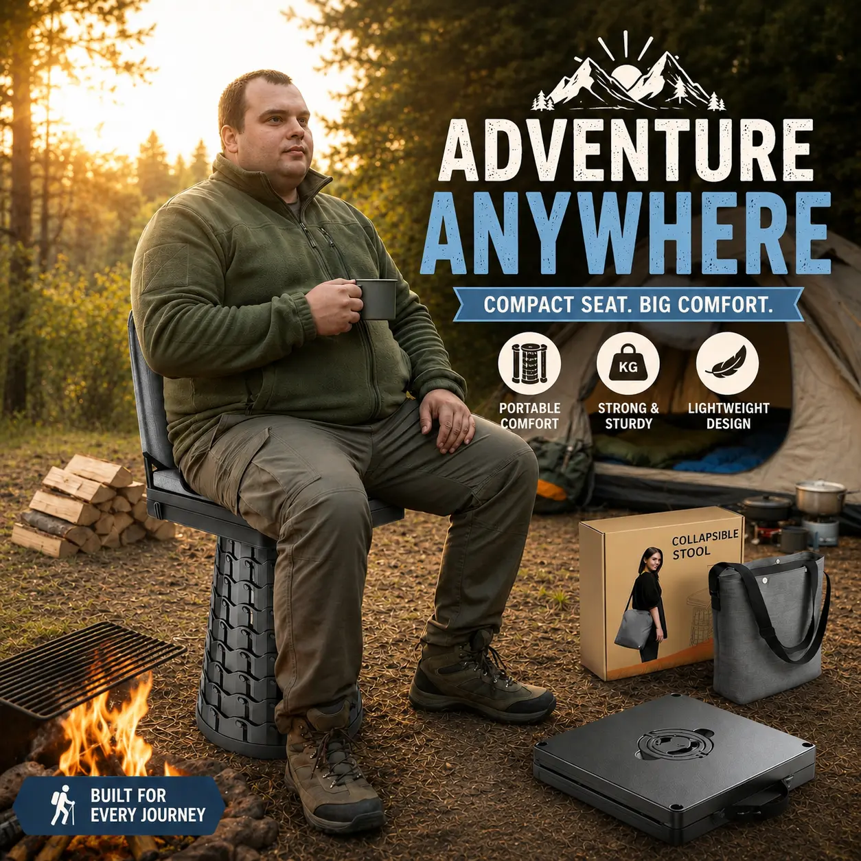 2026 Upgraded Collapsible Telescoping Stool with Backrest, Cushion & Carry Bag - Portable Height-Adjustable Camping Chair, Heavy-Duty Seat for Summer Outdoors, Beach & Tailgating