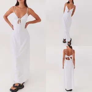 Women’s Summer Long Dress Sleeveless Spaghetti Strap Tie-up Front Loose Dress Back Cutout Dress