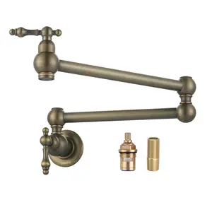 WOWOW Solid Brass Wall-Mount Folding Kitchen Sink Pot Filler Faucet - Vintage Victorian Double-Joint Swing Arm Double Handle Tap with Faucet Aerator and Water Safe Certification, Double Handle Faucet