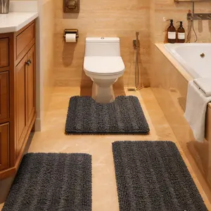 ACCUMTEK Soft Striped Bathroom Rug Set 3 Pieces Non Slip Chenille Bath Mat, Highly Absorbent Bathroom Mat Plush Shaggy Bath Mats for Bathroom Kitchen carpet