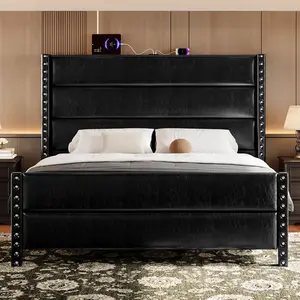 [Summervibes]Queen Bed Frame with Storage Shelf & Charging Station, 55" Tall Headboard & 25.6" Footboard, Faux Leather Upholstered Platform Bed with Big Rivets Wingback, Heavy Duty & Noise-Free, Black