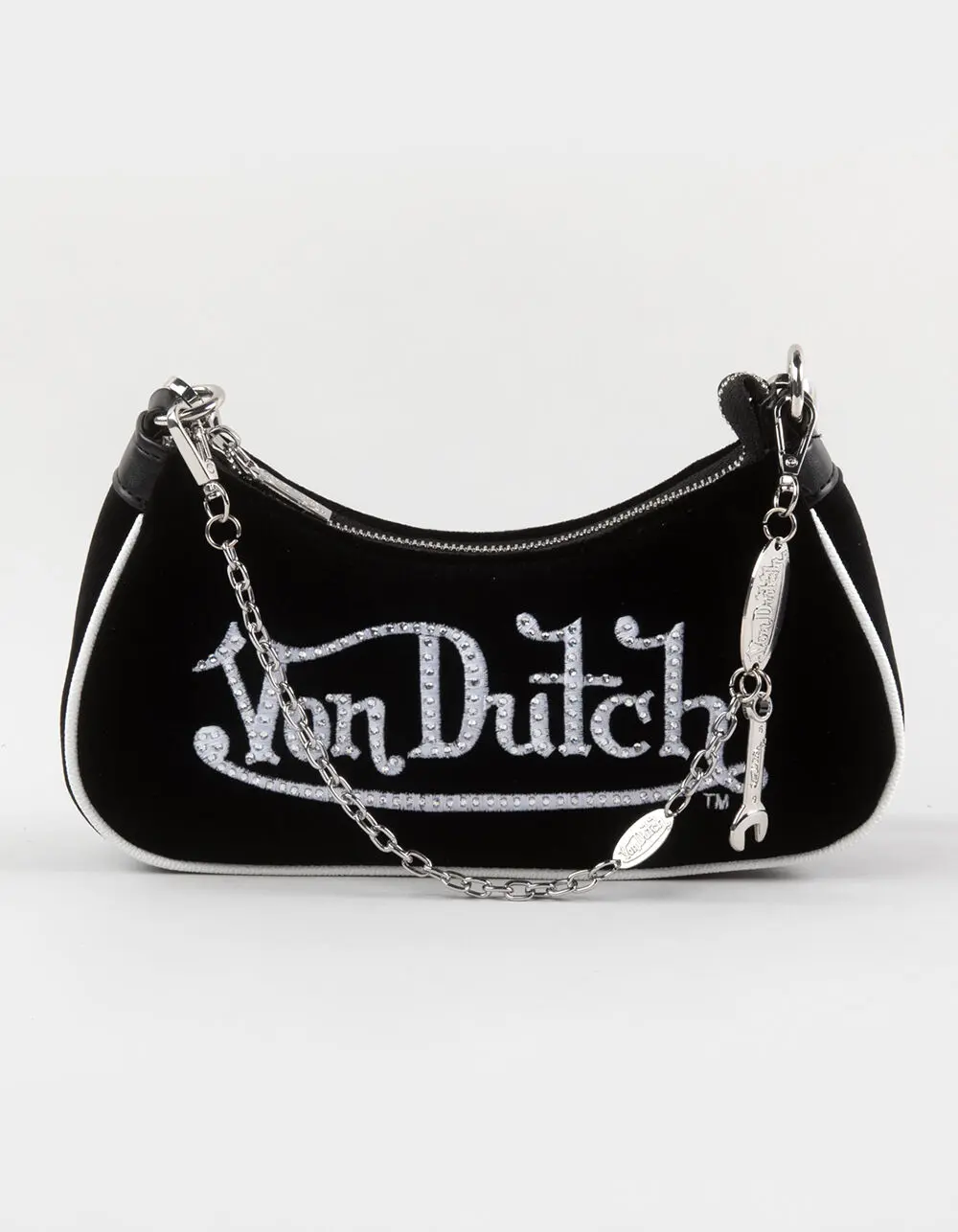 VON DUTCH  Womens Rhinestone Velvet Shoulder Bag, Black