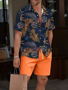 Men's Tropical Plant Print Short Sleeve Blouse, Summer Casual Beach Style Top, Palm Leaf Pattern, Lightweight Breathable, Fashion Versatile