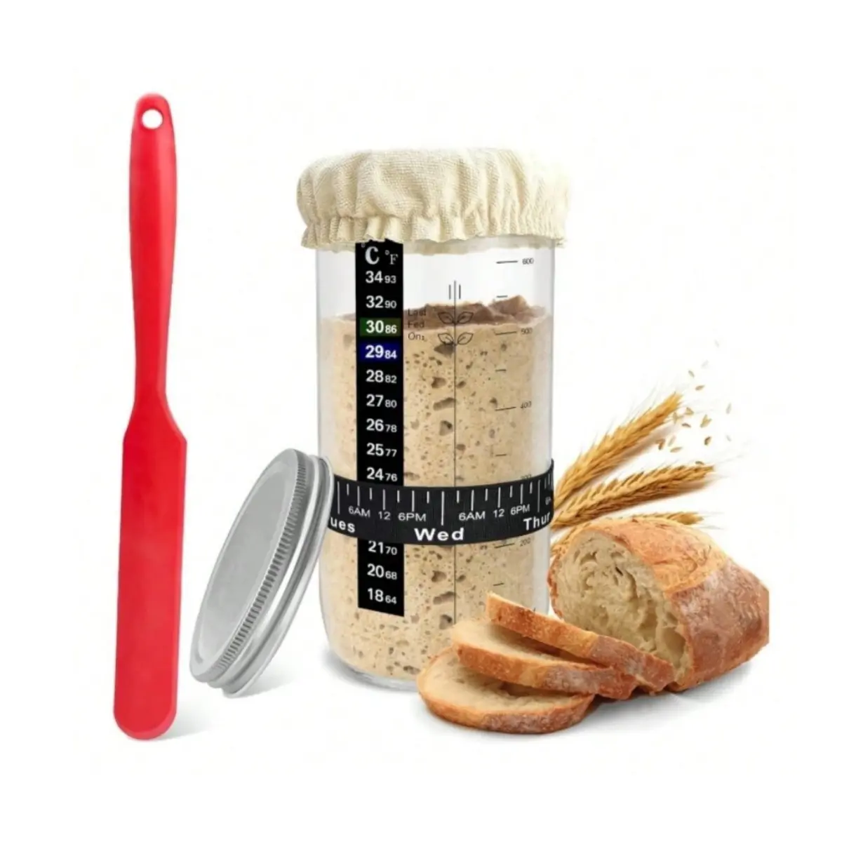 24 Oz Sourdough Starter Jar Glass, Sourdough Starter Kit With Date Marked Feeding Band, Thermometer, Silicone Scraper, Sewn Cloth Cover & Aluminum Lid, Sourdough Jar