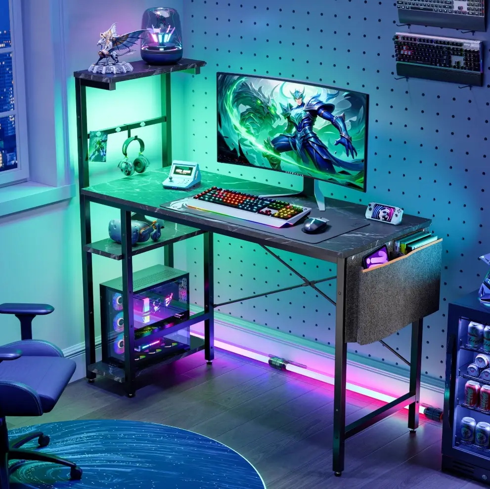 Reversible 44 inch Computer Desk with LED Lights Gaming Desk with 4 Tier Shelves Black Marble