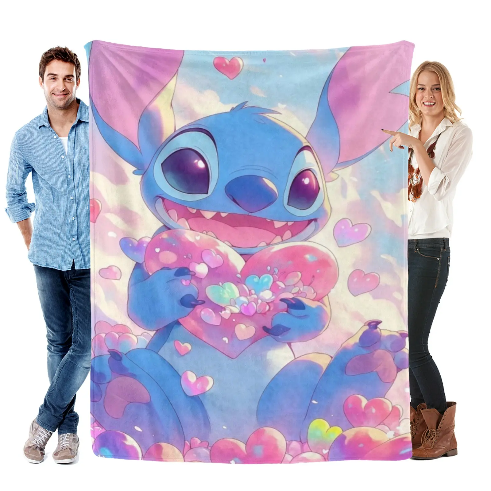 [SummerVibes] Disney Dreamy Pastel Cloud Heart Stitch Flannel Blanket - Ultra Soft Wrinkle Resistant, Sweet Love Cartoon Decor for Teen Girl Gaming Bedroom Bedding Set
