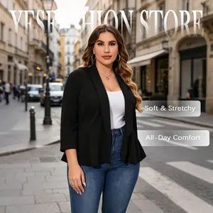Plus Size Peplum Blazer Jacket | Open Front 3/4 Sleeve Cardigan, 95% Polyester 5% Spandex