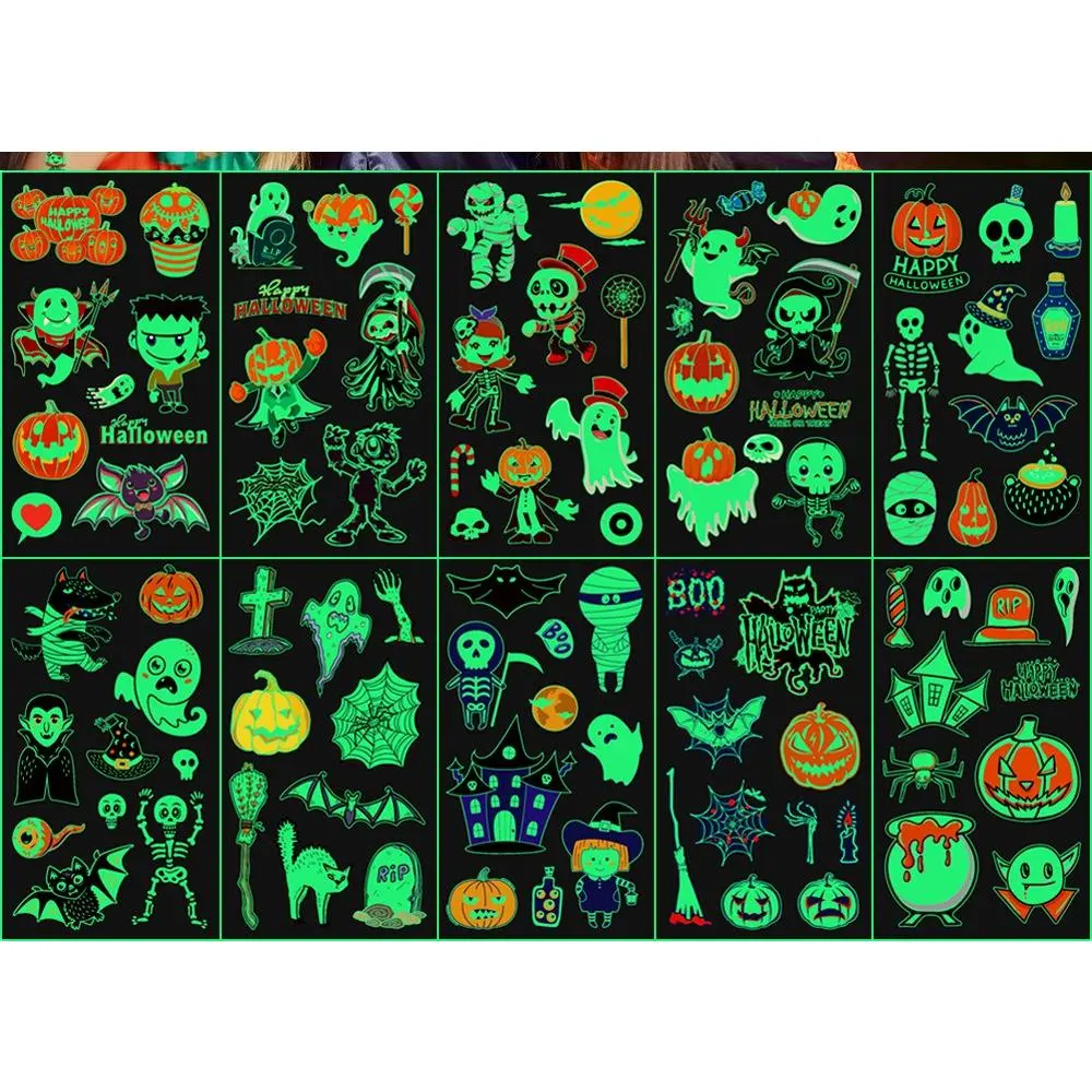 New Children's Cartoon Night Light Halloween Tattoo Sticker Shining Funny Pumpkin Face Sticker Holiday Temporary Holiday Stickers
