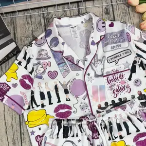 Kpop Idol Satin Pajama Set, Kpop Band Fan Sleepwear, Unique Characters Print Loungewear