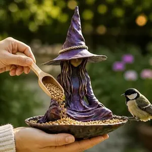 Meditative Witch Garden Hanging Bird Feeder, Creative Witch Hat Seed Tray, Rope Hook, Unique Zen Garden Decor, Outdoor Courtyard Art & Gift, Bird Supplies