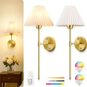 Vintage Modern Wireless Wall Sconces Set of 2 - Dimmable Lights with Rechargeable Magnetic Bulbs, Remote Control, 15 RGB Colors for Bedroom, Living Room Decor