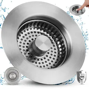 US Standard 3 1/2 Inch Kitchen Sink Drain Strainer 3 in 1 Stainless Steel Anti-clogging Odor Filter Sink Plug Home Goods handle rod sus304