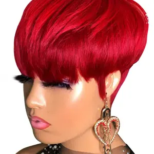 Human Hair Bright red Pixie Cut Wig with Bangs Party Daily Wear Short Straight Wig for Women, Natural Look Halloween Pixie Wigs