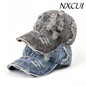 NXCUI Distressed Denim Baseball Cap for Men Women, Vintage Washed Ripped Trucker Hat, Adjustable Casual Streetwear Hat