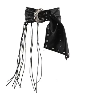 Y2K Niche fashion wasteland style women's decoration fringed versatile imitation leather ultra-wide waist seal rivet punk style fringed black PU leather retro in