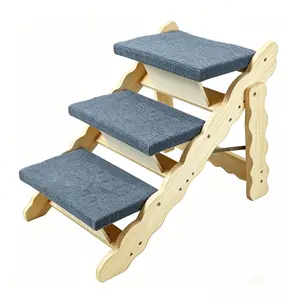 3 Step 2 in 1 Foldable Wooden Pet Stairs Ramp Anti-Slip Carpet Surface Sturdy Dog Cat Ladder for Bed Couch Truck RV Small Medium Large Pets