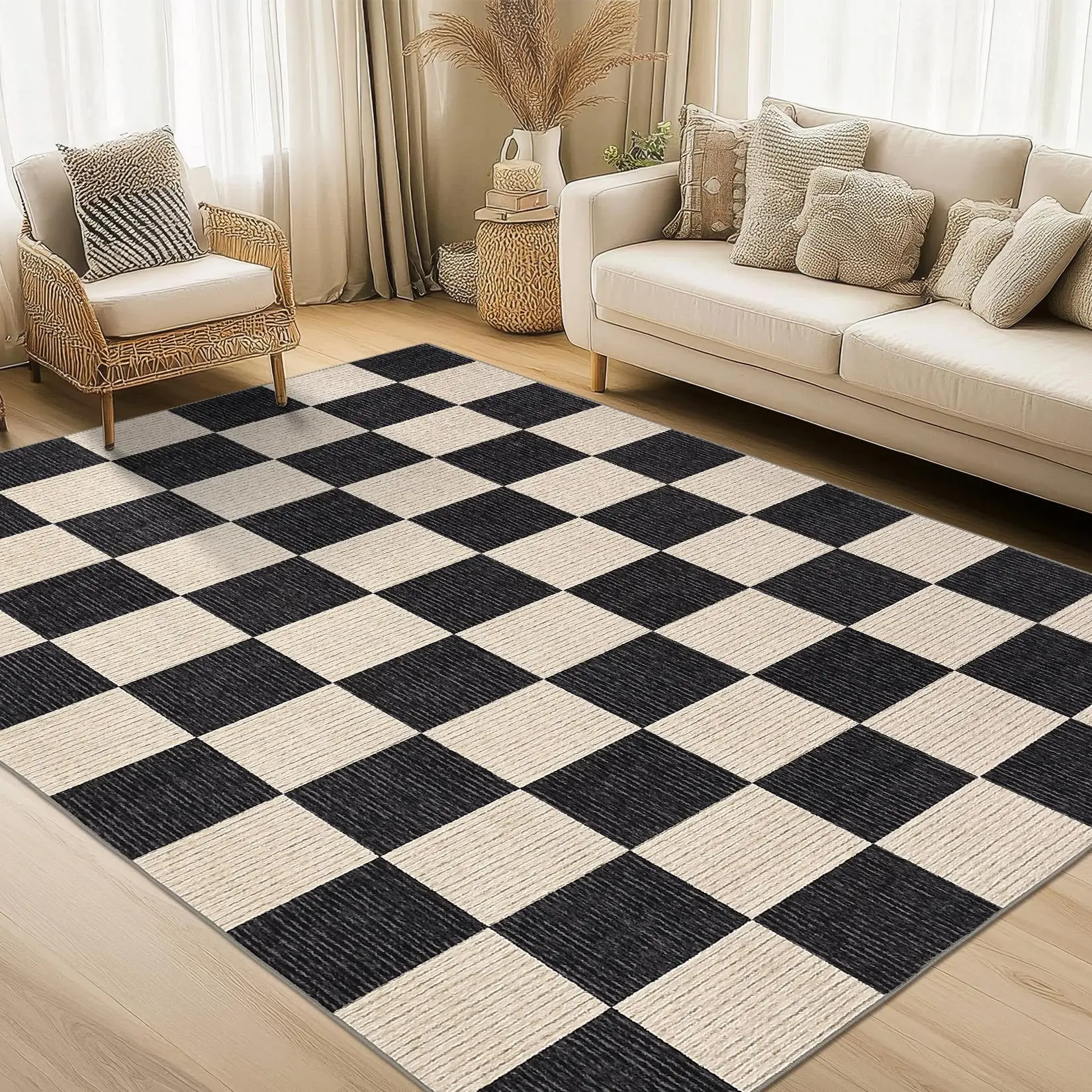 Washable Rug 9x12 Large Modern Checkered Area Rug for Living Room, Soft Non Shedding Office Carpet, Low Pile Stain Resistant Rugs for Bedroom, Dining Room, Nursery, Balcony, Black and Beige