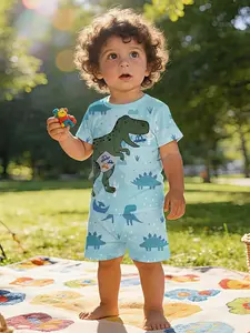 Milk blue dinosaur park printed T-shirt digital printing infant short-sleeve set, baby casual children's clothing, suitable for daily and outdoor sports, T-shirt is 100% polyester, Versatile use