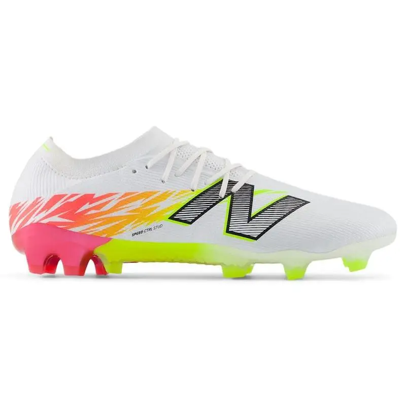 New Balance Furon Elite FG V8 White Energy Red Hi-Lite Firm Ground Soccer Cleats Football Boots Lightweight Speed Shoes Lace-Up Performance Cleats Synthetic Upper TPU Outsole Natural Grass Soccer Shoes Adult Unisex Football Boots