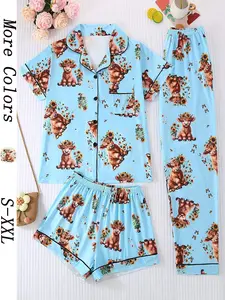 Women's Floral Sleepwear Set, Casual Fitted Short Sleeve Top & Shorts, All-Season Comfortable Home Wear, Elegant Ladies' Pajamas