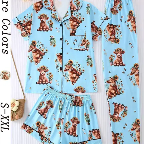 Women's Floral Sunflower Sleepwear Set, Casual Fitted Short Sleeve Top & Shorts with Pockets, All-Season Comfortable Homewear Loungewear, Elegant Ladies' Pajamas, PJ Set
