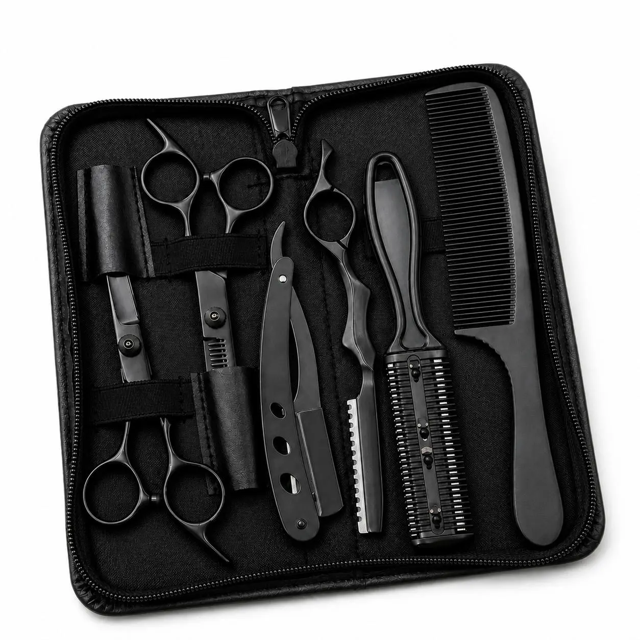 Men's 6-Piece Barber Kit - Durable Stainless Steel Hair Scissors, Thinning Shears, Razor, Cutting Comb, Handle, Multi-Tool for Salon/Home Adults, Clean Cuts, Heatless Smooth Haircare, Beard Trimming - Fits Treated, Curly Hair, Unscented