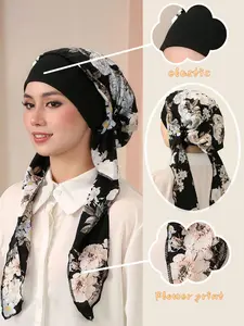Polyester Fiber Headscarf Hat, Floral Print Ribbon Design, Rustic Style Sleep Cap, Easy Wear & Hand Washable, Modern Fashion Accessory, Fashion Hair Scarves, Scarf Head Wrap