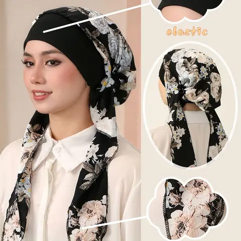 Polyester Fiber Headscarf Hat, Floral Print Ribbon Design, Rustic Style Sleep Cap, Easy Wear & Hand Washable, Modern Fashion Accessory, Fashion Hair Scarves, Scarf Head Wrap, Hairwraps