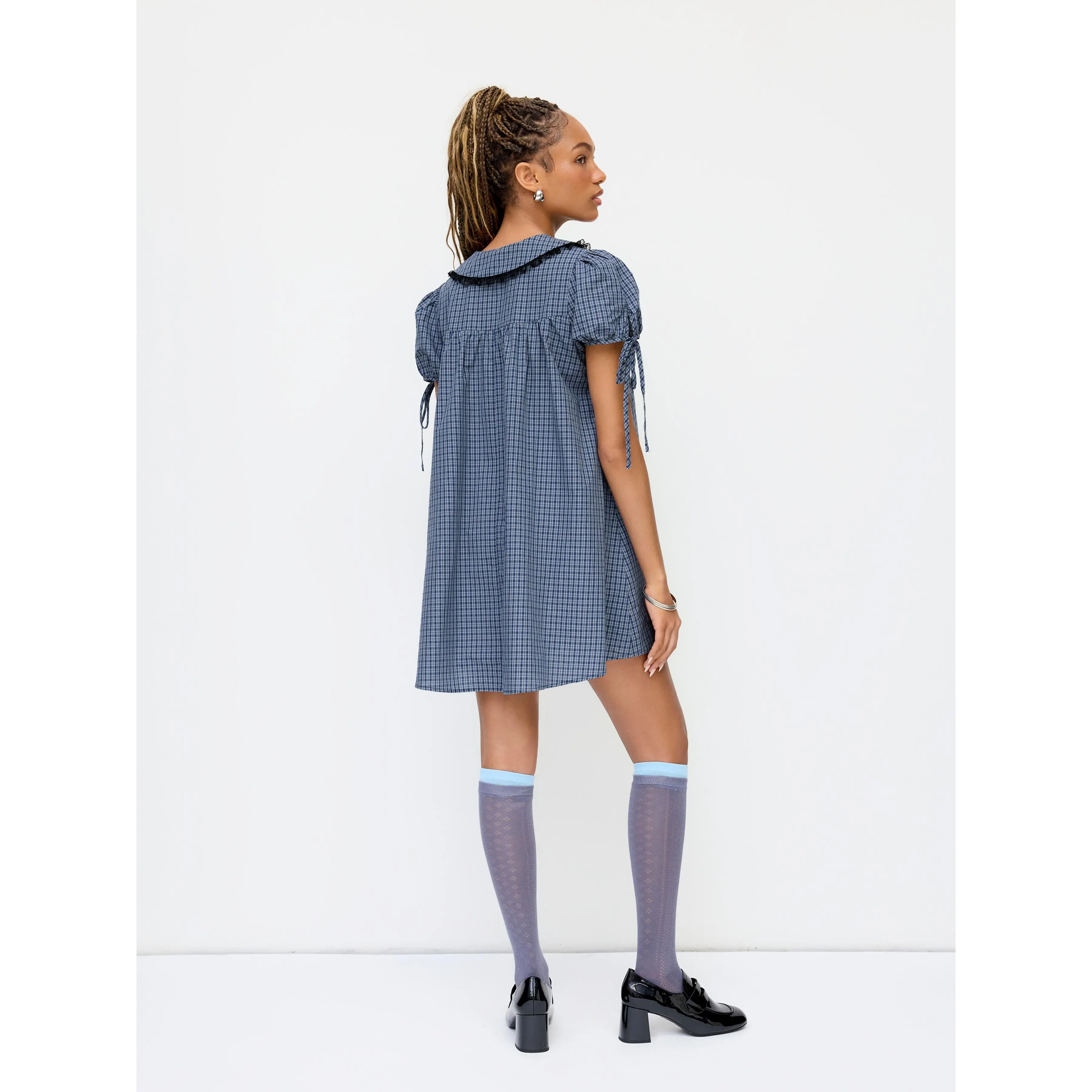 Cider Peter Pan Collar Plaid Lace Trim Puff Sleeve Knotted Mini Dress  SwimWeek - TikTok Shop