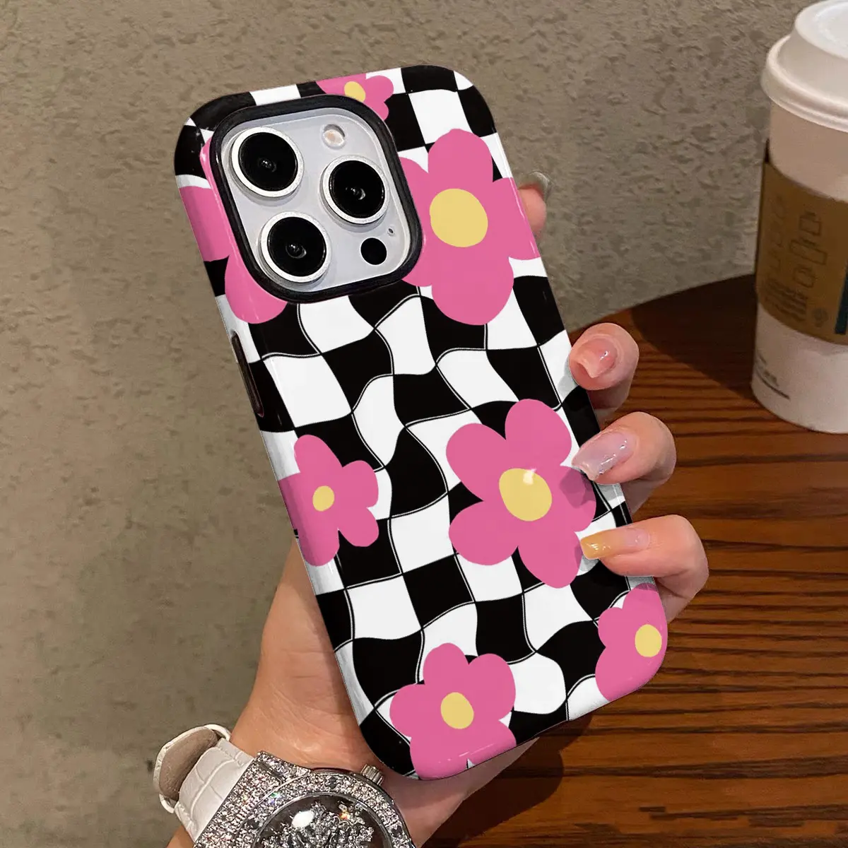 2-in-1 Glossy Smartphone Case - Stylish Black & White Checkered Floral Design, Durable Shock-Absorbing, Handheld Cellphone Protection for iPhone 17/16/15/14/13/12/11/X, Samsung & Other Devices, Great Holiday Gift for Friends/Family