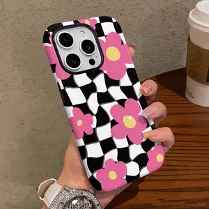 Stylish and cute black and white checkered floral pattern, durable, shock-absorbing, glossy 2-in-1 phone case, compatible with iPhone 17, 16, 15, 14, 13, 12, 11, X, Samsung and other models. Makes a great holiday gift for friends or family.