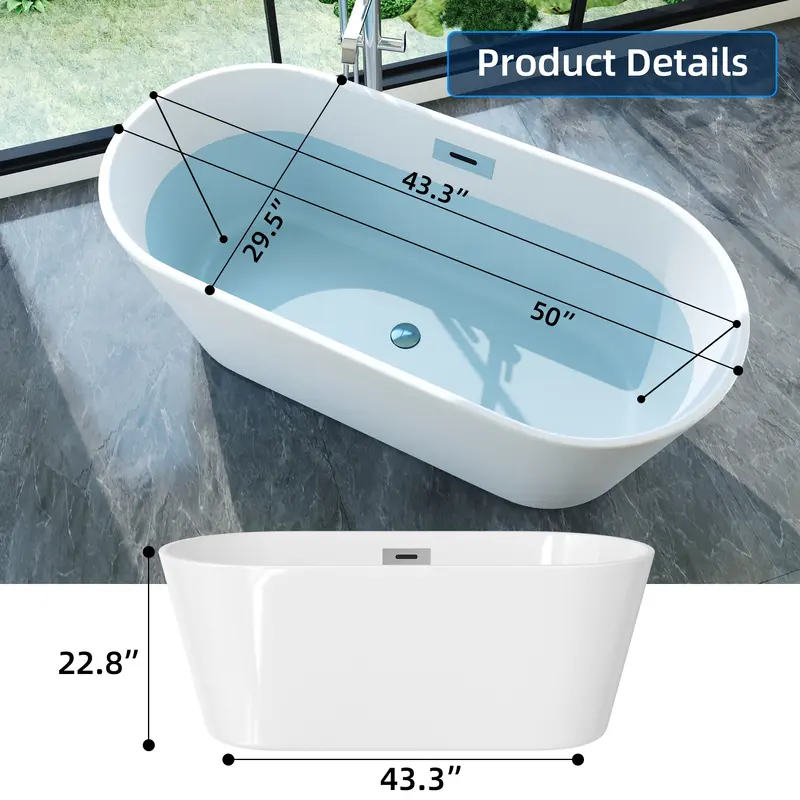 59" Acrylic Freestanding Bathtub, Stand Alone Soaking Tub In Black with Matte Silver Drain/Overflow Kit, Deep Soaker Bath for Bathroom Renovation, Quick Install, Luxurious Modern Design