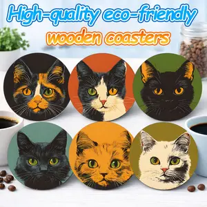 Aesthetic Gothic Cat Coasters Set of 6 – Fantasy Black Cat Non-Slip Heatproof Round Cup Mats for Coffee Bar Shelf – Viral Dark Academia Cottage Core Decor – Mysterious Spiritual Home Accent – Trendy Gift for Witchy Goth Friend Her