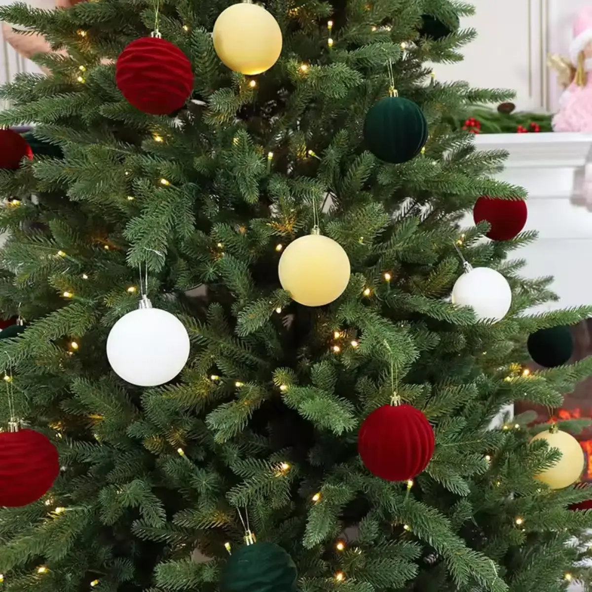 12Pcs 6CM/8CM Flocked Velvet Christmas Tree Ornament Balls, Xmas Navidad New Year Hanging Pendant Balls, Indoor Home Holiday Decoration Accessories