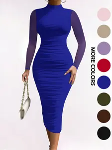 Sexy Chic Slim-Fit Mesh Ruched Long Sleeve Bodycon Dress, Elegant Formal Spring & Fall Fashion, Women's European Style Garment, Womenswear