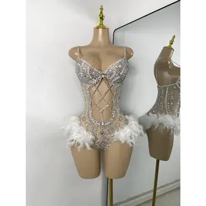 Luxury Women Sexy Shiny Crystal Feathers Hollow Out Bodysuit Nightclub Performance Dance Costume Nightclub Singer Stage Wear