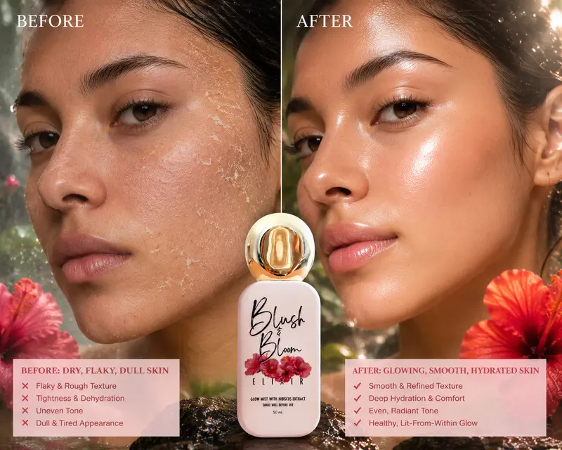 Blush & Bloom Instant Glow Booster 50ml - Lightweight Facial Elixir with Vitamin E Avocado Oil & Hibiscus Extract for Radiant Smooth Skin