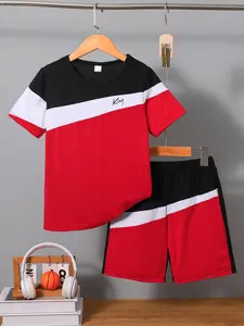 Two-piece Set Boy's Colorblock Letter Print Short Sleeve T-shirt & Elastic Waist Shorts Set, Casual Round Neck Tee & Shorts for Daily Wear, Kids Summer Outfits Clothes Kids
