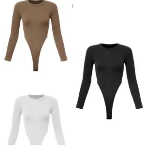 Basic Ribbed Washed Long Sleeve Bodysuit in White Black and Brown Colors for Comfortable Wear