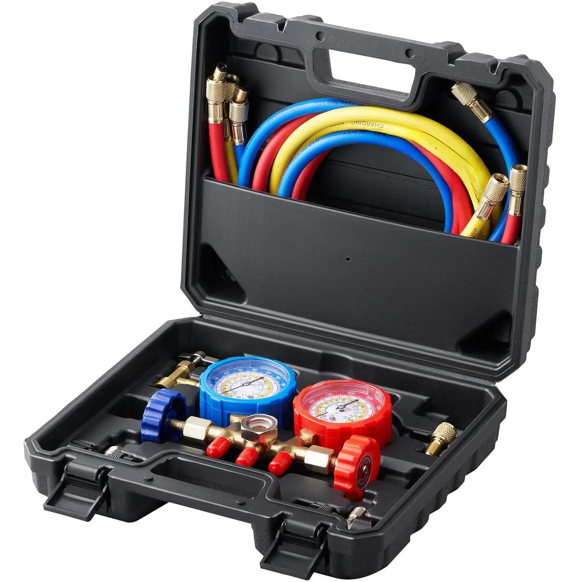 3-Way AC Manifold Gauge Set, Automotive Inspection Tools for R134A, R22, R12, R502 Refrigerant, with 5ft Hoses, Couplers, Can Tap for Car Charging and Evacuation