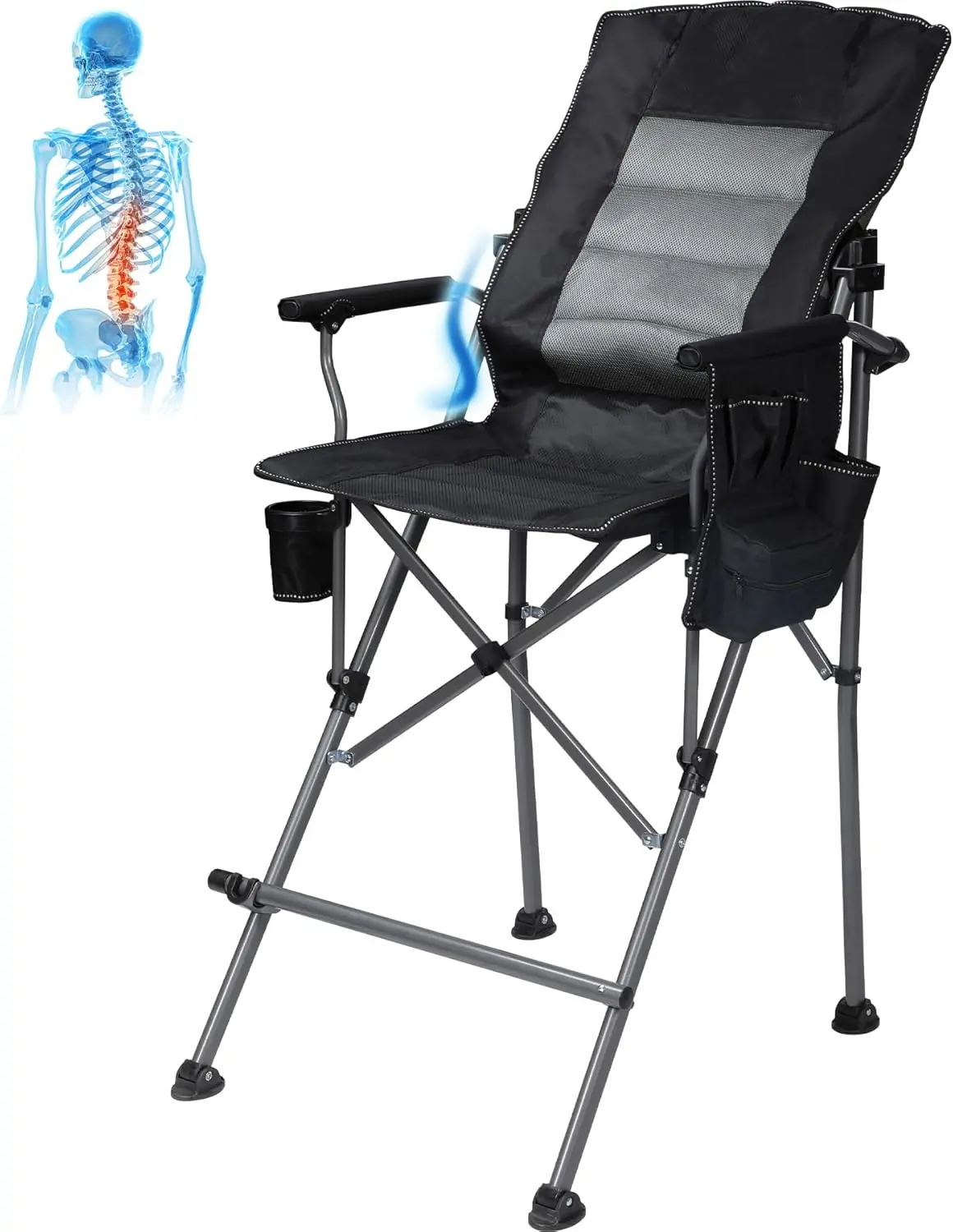 Extra Tall Folding Chairs for Adults 330lbs with Adjustable Backrest, Portable Bar Height Foldable Director Chairs with Lumbar Support, Comfortable with High Back and Footrest, Black