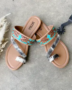 Turquoise Tooled Leather & Cowhide Sandal